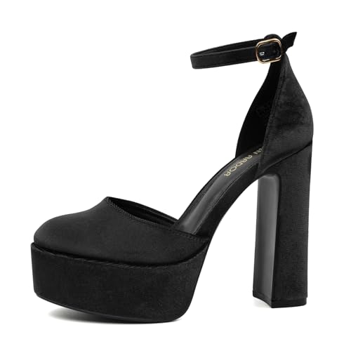 JENN ARDOR Women's Platform Heels 5 Inch Chunky High Heel Pumps Block Heels 1.7 Inch Platform Ankle Strap Closed Toe for Dress Wedding Party Pumps Black- Velvet