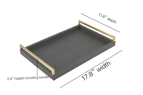 WV 17.8 * 11.8" Grey Shagreen Large Serving Tray with Brushed Gold Handle,Faux Leather Home Decorative Tray, Coffee Table Tray for Living Room, Dinning, Vanity (Grey