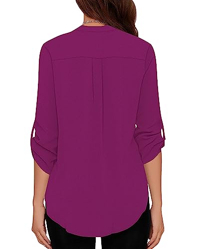 roswear Women's Chiffon V-Neck Business Casual Blouse Work Tops with Cuffed Sleeves Baby Blue Large