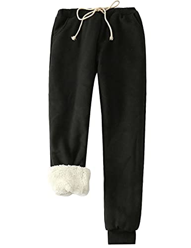 Women's Warm Fleece Pants Lamb Lined Sweatpants Jogger Lounge Pants (Black, XS)