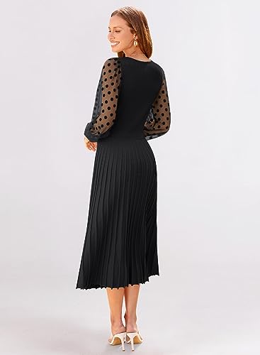 MIHOLL Women's Casual Sweater Dresses Ribbed Pleated A-Line Dress Puff Sleeve Midi Dress(Carmel,Medium)