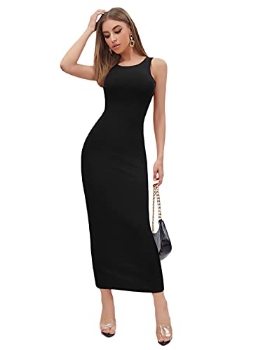 Verdusa Women's Basic Round Neck Sleeveless Solid Bodycon Maxi Long Dress Black XS