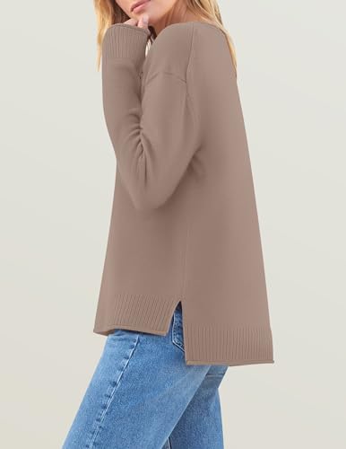 ZESICA Women's 2024 Fall Long Sleeve Crew Neck Soft Knit Side Slit Comfy Loose Pullover Sweater Jumper Tops,Nutmeg,Medium