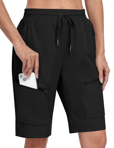 MoFiz Hiking Shorts Womens Quick Dry Lightweight Long Hiking Shorts for Women Knee Length for Camping Travel Golf with Zipper Pockets Black Small