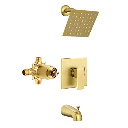 Esnbia Shower Tub Kit, Tub and Shower Faucet Set(Valve Included) with 6-Inch Rain Shower Head and Tub Spout, Single-Handle Tub and Shower Trim Kit,Brushed Gold