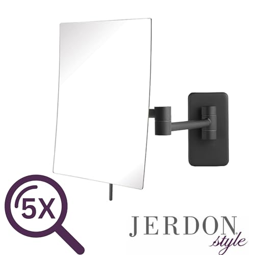 JERDON Wall Mount Makeup Mirror with 5X Magnification - 8.75” x 6.5” Rectangular Mirror Extends 14” – Black Finish – Model JP695BK