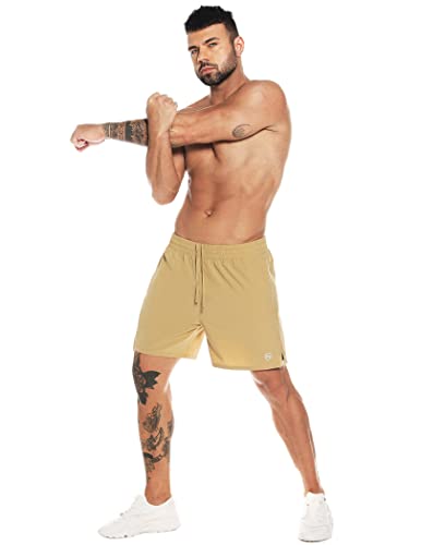 MOVEUP Shorts Athletic Loose Fit Zipper Jogging Shorts Gym Exercise Shorts Active Gym Training Sport Lightweight Shorts Khaki Small