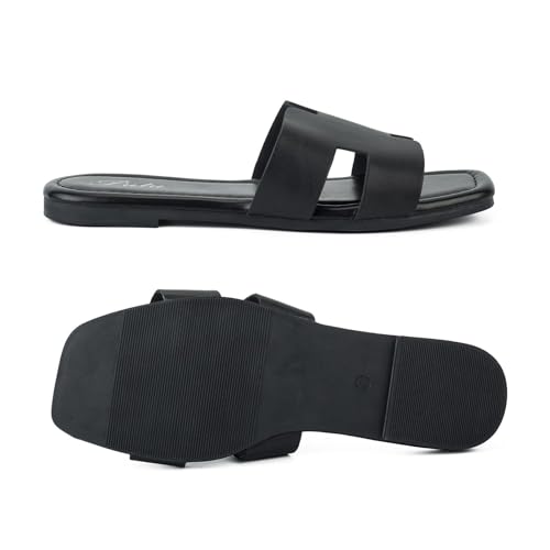 Putu Women's Flat Sandals Summer Sandals Cute Slide Sandals Black 6