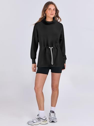 ANRABESS Womens Turtleneck Sweatshirts Drawstring Waist Pullover Tops Loose Fit Long Sleeve Hoodies 2024 Fall Preppy Outfits White Medium