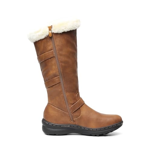 DREAM PAIRS Women's Fully Faux Fur Lined Triple Buckle Ruched Snow Knee High Winter Boots Black PU Size 12