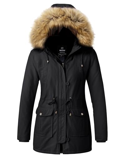 wantdo Women's Cotton Thicken Padded Parka Jacket Fur Hooded Coat(Black, S)