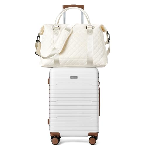 FIGESTIN Checked Luggage 24 inch, 100% PC Large Suitcase with Wheels, Hardside Suitcase TSA Approved Medium Hard Case Travel Luggage (Beige)