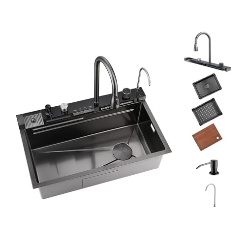 Lefton 29.5"x 18.25" 304 Stainless Steel Kitchen Workstation Sink with Pull-down Faucet, Waterfall & Rainfall Outlet, Temperature Display in Tempered Glass, Grey, KS2206