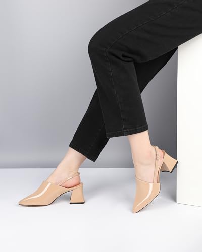 AUMOTED Women Dating Block Mid Heels Slingback Heel Pumps Pointed Toe Solid Chunky Pumps Party 2.5 Inch Dress Shoes Patent Leather Wave US Size 8.5