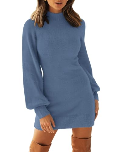 ZESICA Women's 2024 Casual Turtleneck Long Puff Sleeve Soft Fuzzy Knit Bodycon Pullover Mini Sweater Dress,Tomato,Large