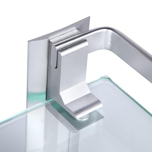 Vdomus Glass Bathroom Shelf with Hand Towel Bar, Rectangular Wall Mounted Bathroom Shelf Storage Extra Thick Tempered Glass, 15.2x4.5 inches with Brushed Silver Finish