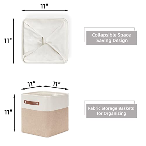 HNZIGE Foldable Storage Cubes Baskets for Organizing Set of 4, Fabric Cube Storage Bins 11 x11, Collapsible Storage Basket Bins Cube with Handles for Shelves Home Nursery(White Beige)