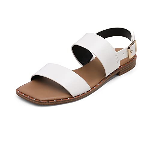 DREAM PAIRS Women's Summer Casual Dressy Cute Flat Sandals Comfortable Sexy Square-Toe Fashion One Band Strappy Shoes Wide Width, White, Size 5.5, Sdfs222w