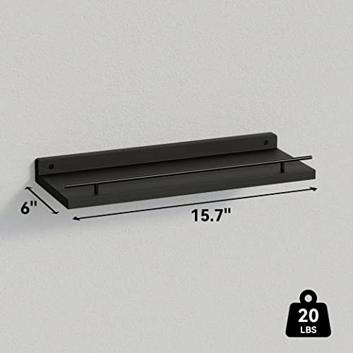 WOPITUES Floating Shelves with Black Metal Guardrail, Shelves for Wall Decor Set of 3, Wall Shelves for Bedroom, Bathroom, Kitchen, Living Room, Plants, Picture Frames, Art- Black