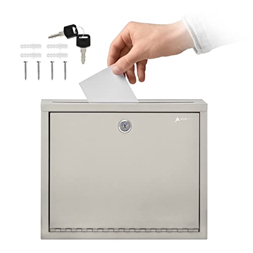 Adir Metal Suggestion Box with Lock and Slot, Wall Mount Deposit Box for Payments and Checks, Office Mail Box for Employees, Mailbox for House, Safe Drop Box with Keys - 3x10x12 Inch Beige