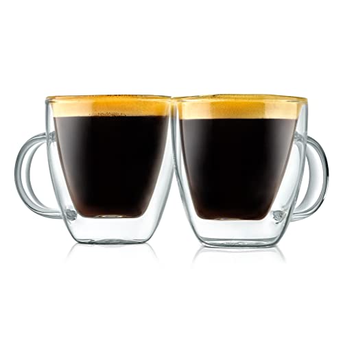 NutriChef Double Walled Glass Espresso Cups - 5.2 Fluid Oz Premium Insulated Borosilicate Glass Coffee Mugs for Hot & Cold Drinks - Dishwasher Safe, Set of 2