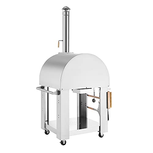 Empava Wood Fired Pizza Oven for Outside Stainless Steel Artisan Grill with Stand and Wheels Charcoal or Pellets Fueled, Built-in Thermometer, for Backyard, Camping, Patio, 32.5 Inch, Sliver