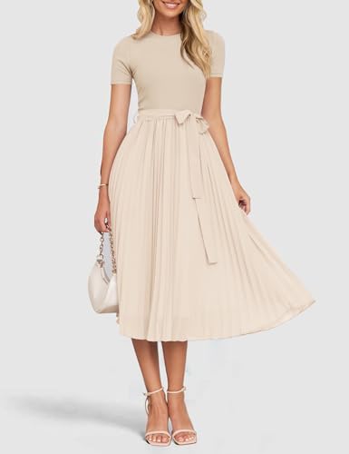 ZESICA Womens Summer Short Sleeve Midi Dresses Spring Casual Crew Neck Knit Belted Pleated A Line Flowy Wedding Guest Dress,Apricot,Small