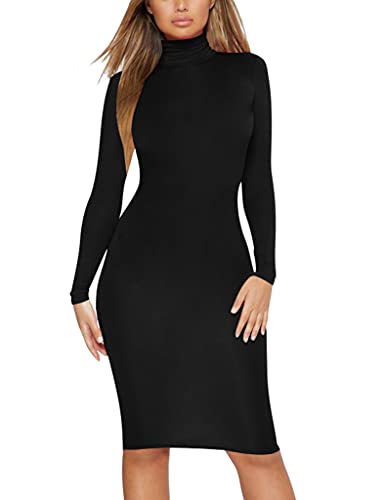 Women's Casual Long Sleeve Bodycon Sexy Turtleneck Midi Club Party Pencil Dresses, S, Black