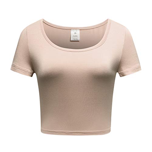 OThread & Co. Women's Basic Crop Tops Stretchy Casual Scoop Neck Cap Sleeve Shirt (Medium, Peach Pink)