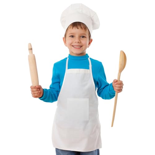 yotache Kids Apron and Chef Hat Set, Adjustable Toddler White Apron with Large Pocket Chef Costume Cooking, Baking, Painting for Boys and Girls (8-12 Years)