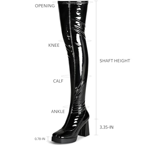 KHPAERMEI Black Platform Boots for Women Black Thigh High Boots Black GoGo Boots Square Toe Chunky Heels Over The Knee High Boots Patent Leather PU Go Go Boots