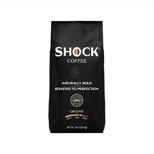 Shock Coffee Naturally Bold | Extra High Caffeine Strong Coffee | Medium Dark Roast Ground | Premium Arabica Coffee | 8 ounce