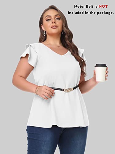 LARACE Summer T-Shirts for Women Short Ruff Sleeve Shirts Plus Size V Neck Blouses Tops Oversize Tee(Medium,R-Fushia)