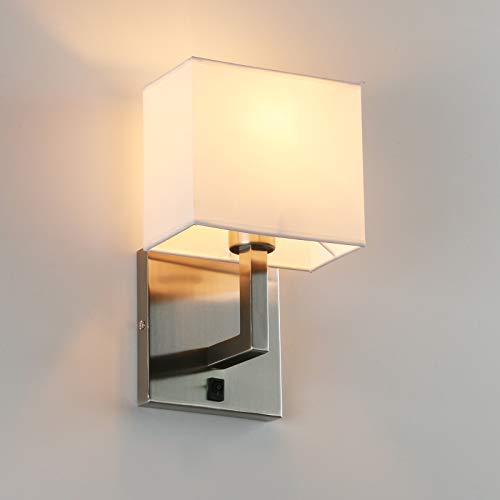 PERMO Single Wall Sconce Light Fixture Brushed Finish with White Textile Shades and On/Off Switch Button Small Modern Nightstand Lamps for Bedrooms Bedside Reading
