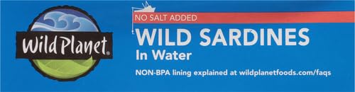 Wild Planet Wild Sardines in Water, No Salt Added, Tinned FIsh, Sustainably Wild-Caught, Non-GMO, Kosher, Gluten Free, Keto and Paleo, 4.4 Ounce, Single Unit