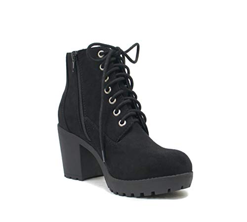 Soda Second Lug Sole Chunky Heel Combat Ankle Bootie Lace up w/Side Zipper (White PU, numeric_11)