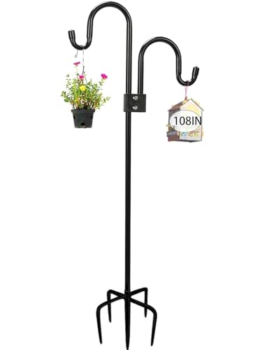 Double Shepherds Hooks For Outdoor 76 Inch, Heavy Duty Metal Bird Feeder Pole Stand With 5 Base Prongs, 28.5 To 76 Inch Adjustable Garden Holder For Hanging Plant, Wind Chimes, Wedding Garden Etc