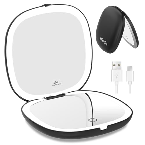 wobsion Travel Mirror with Light, Rechargeable 1x/10x Compact Magnifying Mirror, Dimmable Pocket Mirror,Handheld 2-Side Mirror with Light,4inch Travel Size,Portable for Handbag,Purse,Gift,Black