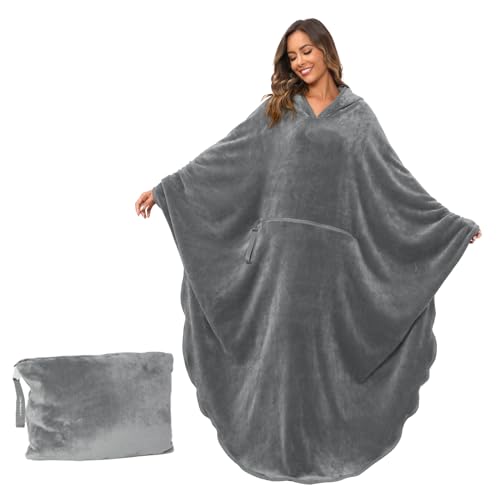 Gentlewarm Travel Blanket Flannel Foldable Wearable Blanket with Hood Giant Zippered Pocket Super Soft Cozy for Couch Lovers One Size Fits All Woman Man