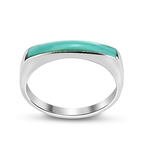 AeraVida Rectangular Bar Green Simulated Turquoise Stone Inlay .925 Sterling Silver Ring | Classic Wedding Rings For Women | Casual Comfort Fit Silver Rings for Women | (6)