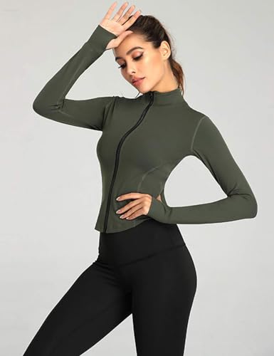 Gihuo Women's Athletic Full Zip Lightweight Workout Jacket with Thumb Holes(Green-XXL)