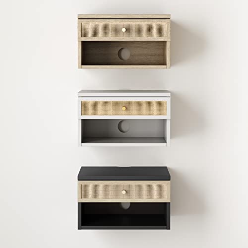 Nathan James Jackson Wall Mounted Rattan Floating Bedroom Nightstand with Storage Drawer and Modern Open Shelf Cubby, Black/Rattan