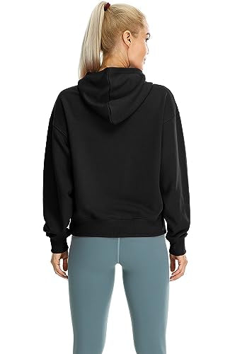 icyzone Women's Fleece Lined Hooded Sweatshirt Tops, Oversized Casual Pullover with kangaroo Pocket & Drawstring (Black, S)