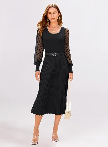 MIHOLL Women's Casual Sweater Dresses Ribbed Pleated A-Line Dress Puff Sleeve Midi Dress(Carmel,Medium)