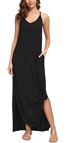 GRECERELLE Women's Summer Casual Loose Dress Spaghetti Strap Beach Cover Up Long Cami Polka Dot Casual Maxi Dress with Pocket Gypsophila Black Small