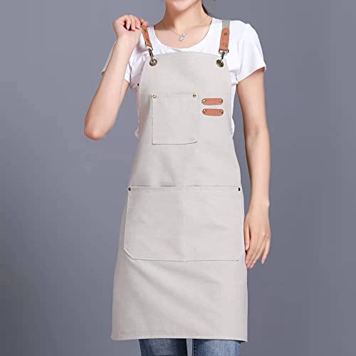 Tosewever Canvas Cross Back Chef Cotton Aprons for Men Women with Large Pockets (Beige)