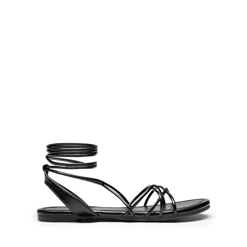DREAM PAIRS Women's Flat Sandals Strappy Comfortable Dressy Summer Lace-Up Gladiator Sandals,Size 6,BLACK,SDFS2408W