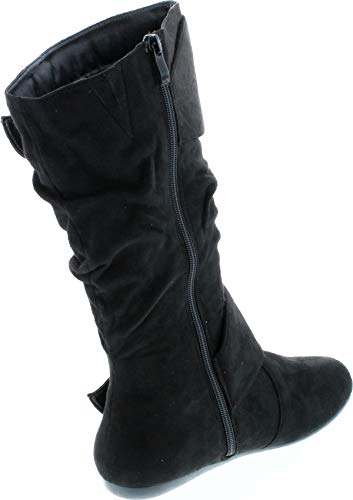 Forever Link Women's Klein-70 Closed Round Toe Buckle Slouch Flat Heel Mid-Calf Boot,Tan-bd,5.5