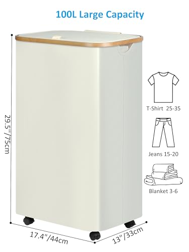 efluky Slim Laundry Basket with Wheels, Rolling Laundry Basket with Lid and Removable Bag, Narrow Dirty Clothes Basket with Wheels for Laundry Room, Bedroom & Bathroom, 75L (19.8 Gallon) Beige