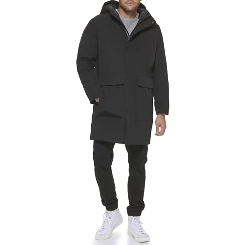 DKNY Men's Water Resistant Hooded Logo Parka Jacket, Heavyweight Black